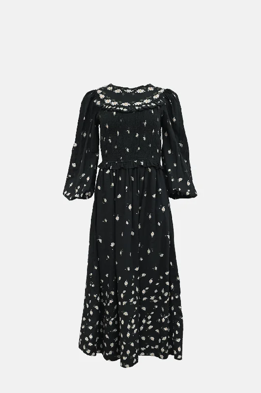 modern sports hoodieElizabeth Print Smocked Midi Dress Black