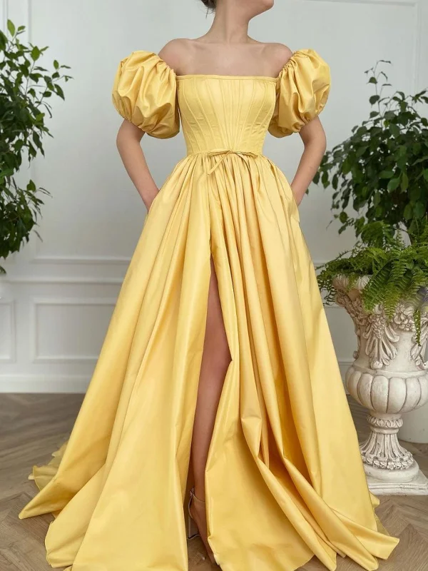 Lowest Price Off Shoulder Yellow Satin Long Prom Dresses with High Slit, Off the Shoulder Yellow Formal Evening Dresses SP2226 Lowest Price Off Shoulder Yellow Satin Long Prom Dresses with High Slit, Off the Shoulder Yellow Formal Evening Dresses SP2226