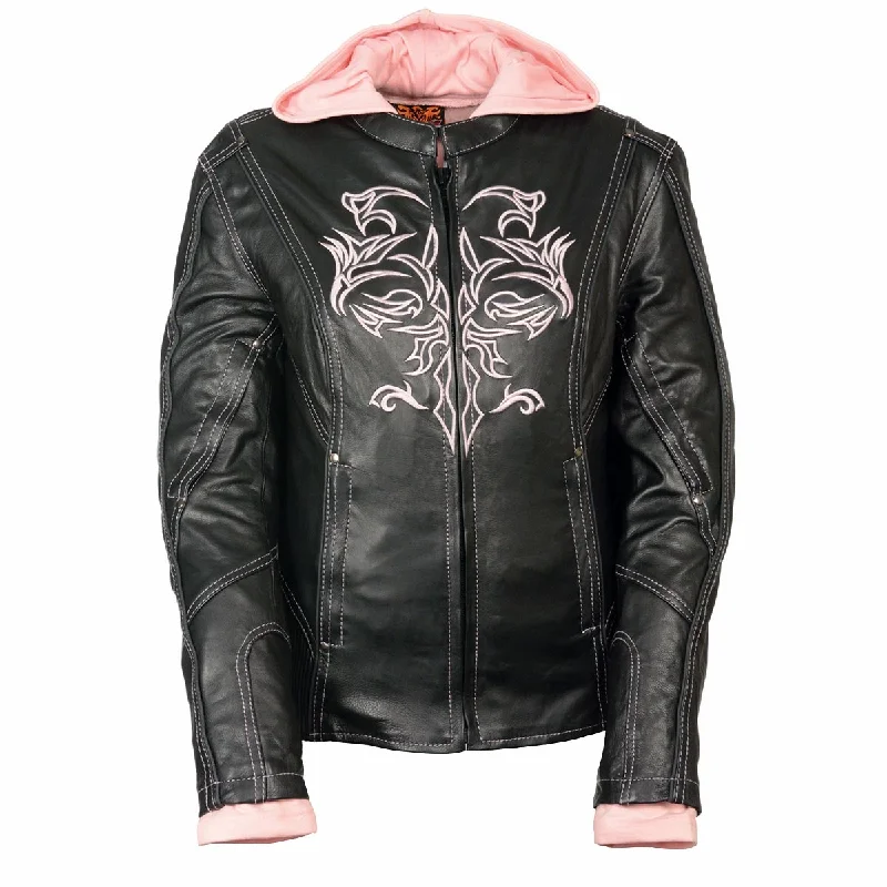 Value Deals Milwaukee Leather ML2066 Women's 3/4 Black and Pink Leather Hoodie Jacket with Reflective Tribal Design