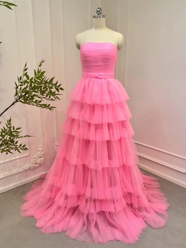 oversized dressoversized dressStrapless Layered Pink Tulle Long Prom Dresses, Strapless Pink Formal Graduation Evening Dresses SP3065