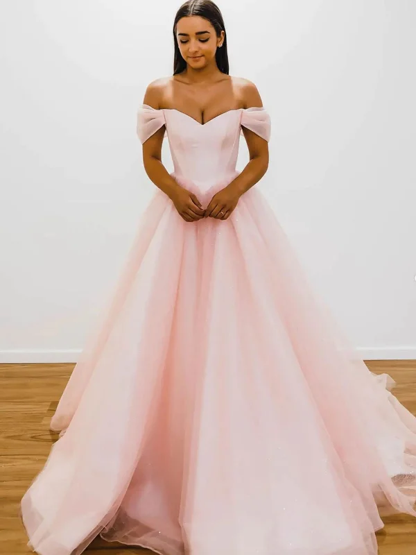 Instant Savings Off Shoulder Pink Tulle Long Prom Dresses, Pink Tulle Formal Graduation Evening Dresses SP2414