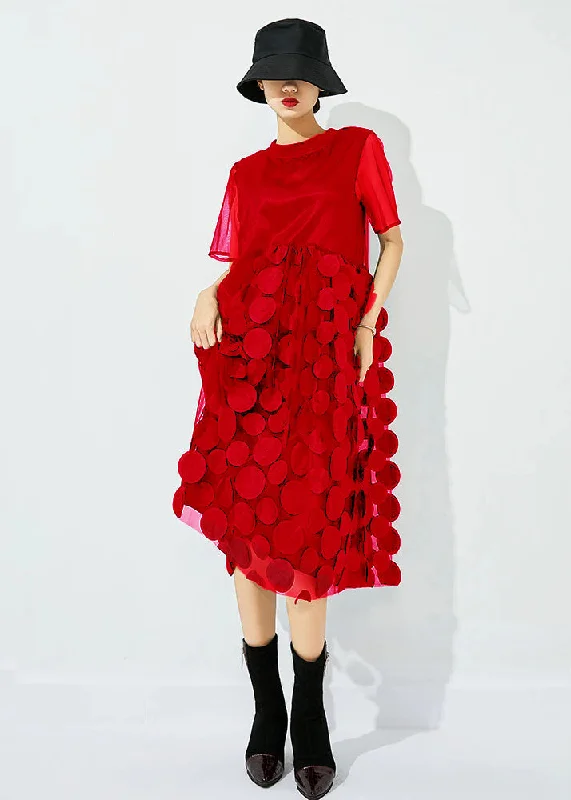 denim dressdenim dressWomen Red O-Neck Patchwork Dot Tulle Holiday Dress Summer