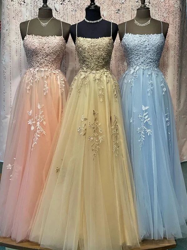 tiered dresstiered dressElegant Spaghetti Straps Beaded Pink/Champagne/Blue Lace Tulle Long Prom Dresses, Pink/Champagne/Blue Lace Formal Graduation Evening Dresses SP2353