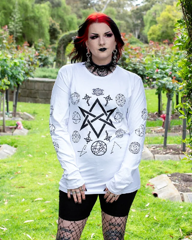 Referral Discount Necromancy Symbols - Long Sleeve Top White