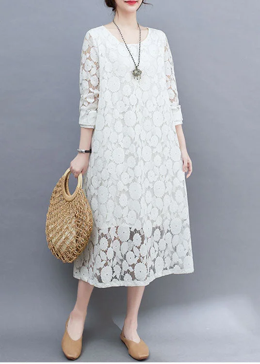 Exclusive Deal DIY White O-Neck Lace Long Dresses Long Sleeve