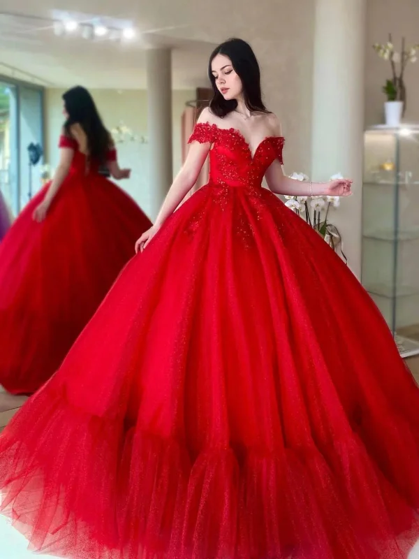 Great Deals Gorgeous Off Shoulder Beaded Red Tulle Long Prom Dresses, Red Formal Evening Dresses, Beaded Ball Gown SP2561 Great Deals Gorgeous Off Shoulder Beaded Red Tulle Long Prom Dresses, Red Formal Evening Dresses, Beaded Ball Gown SP2561