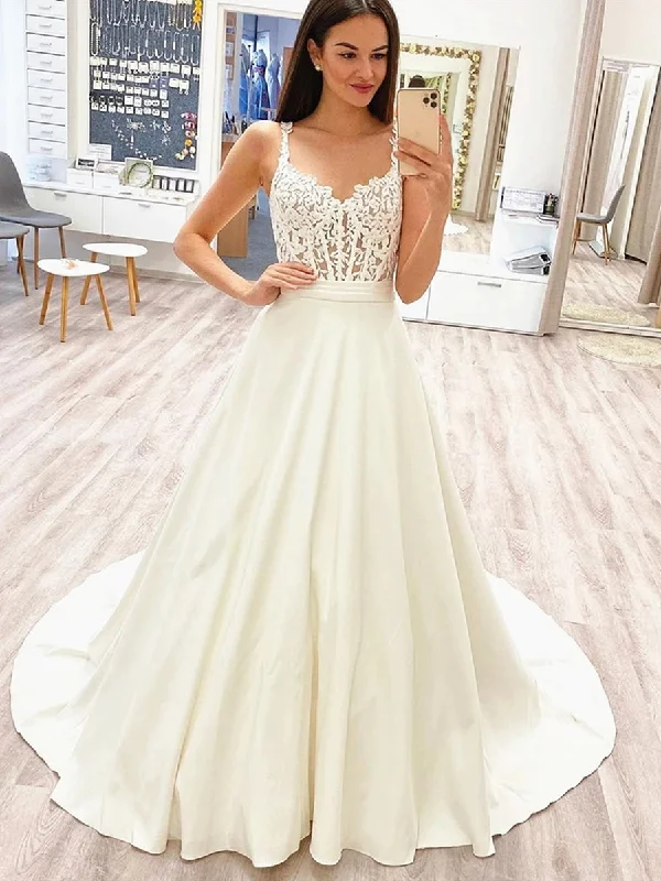 Buy Now Elegant Long White Lace Wedding Dresses with Train, White Lace Prom Formal Evening Dresses
