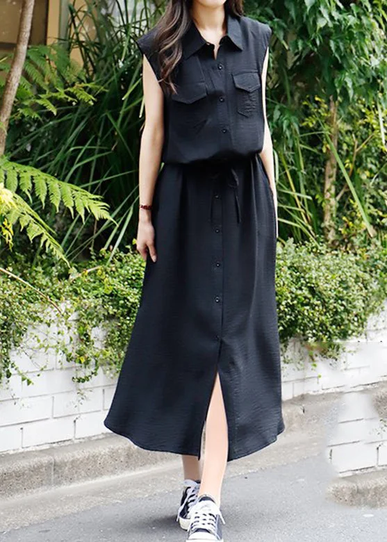 elegant evening dresselegant evening dressSolid Drawstring Waist Pocket Button Front Maxi Cargo Dress Black