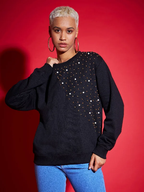 minimalistic workout hoodieWomen Black Terry Pearl Embellished Oversized Sweatshirt