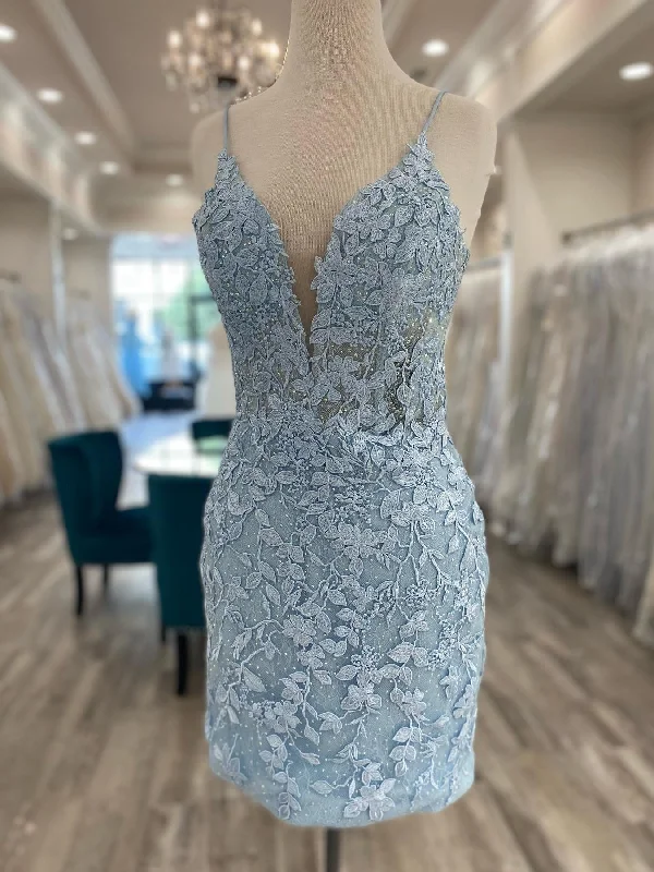 luxury dressluxury dressV Neck Mermaid Light Blue Lace Short Prom Dresses, Mermaid Light Blue Homecoming Dresses, Light Blue Lace Formal Evening Dress SP2485