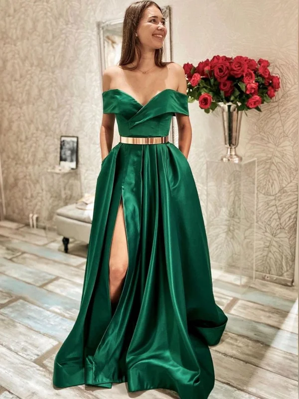 Discount Mania Off Shoulder Green Satin Long Prom Dresses with High Slit, Green Formal Graduation Evening Dresses with Belt SP2110
