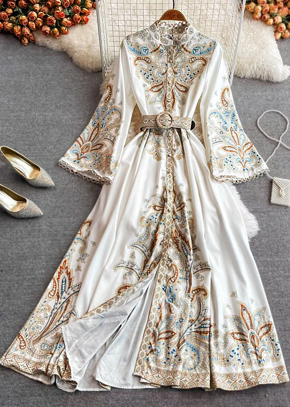 oversized dressoversized dressElegant White Stand Collar Print Wrinkled Long Dresses Puff Sleeve