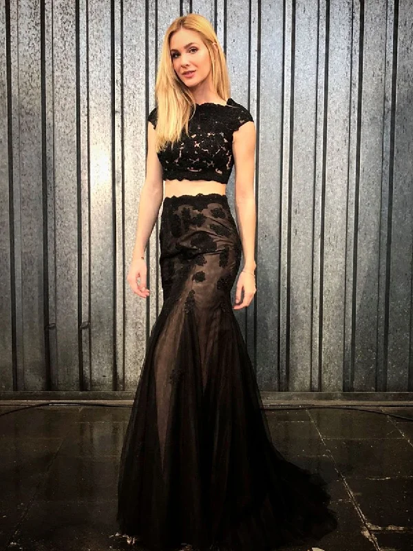 Mega Deal Cap Sleeves 2 Pieces Mermaid Black Lace Long Prom Dresses, Two Pieces Black Lace Formal Dresses, Black Lace Evening Dresses