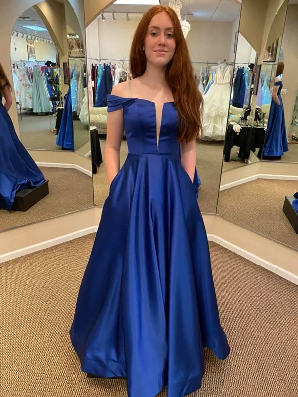 Midnight Madness Off Shoulder Royal Blue Satin Long Prom Dresses with Pocket, Long Royal Blue Formal Graduation Evening Dresses SP2344