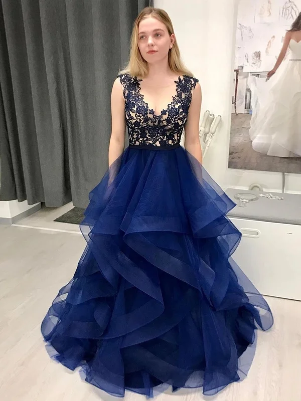 Limited Edition Stylish Round Neck Dark Navy Blue Lace Long Prom Dresses, Navy Blue Lace Formal Dresses, Fluffy Dark Blue Lace Evening Dresses Limited Edition Stylish Round Neck Dark Navy Blue Lace Long Prom Dresses, Navy Blue Lace Formal Dresses, Fluffy Dark Blue Lace Evening Dresses