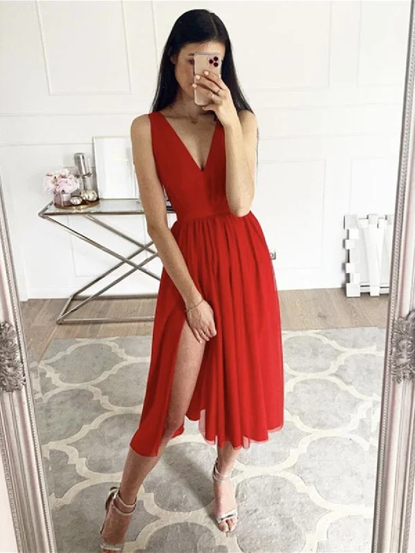 casual shift dresscasual shift dressA Line V Neck Red Chiffon Tea Length Prom Dresses with Slit, Red Formal Graduation Homecoming Dresses