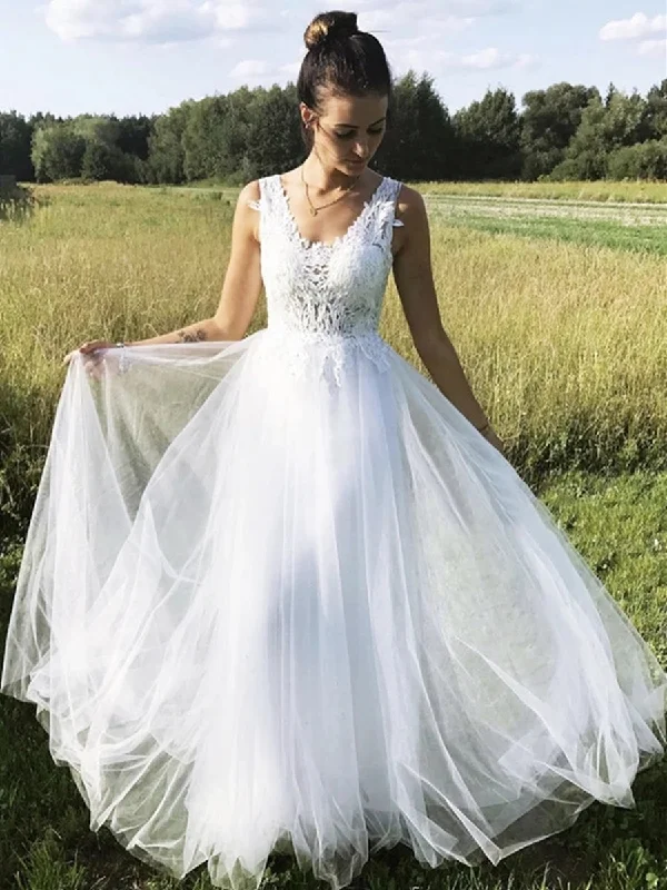 New Arrival A Line V Neck Tulle Long Lace White Prom Dresses, V Neck White Lace Formal Dresses, Lace White Evening Dresses New Arrival A Line V Neck Tulle Long Lace White Prom Dresses, V Neck White Lace Formal Dresses, Lace White Evening Dresses