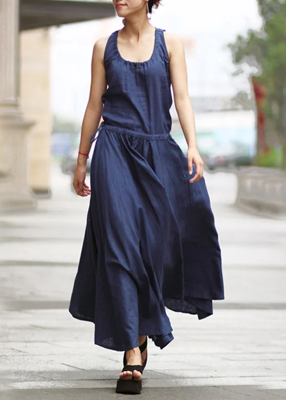 sleeveless dresssleeveless dressSolid Drawstring Ruched Sleeveless Casual Maxi Dress Navy