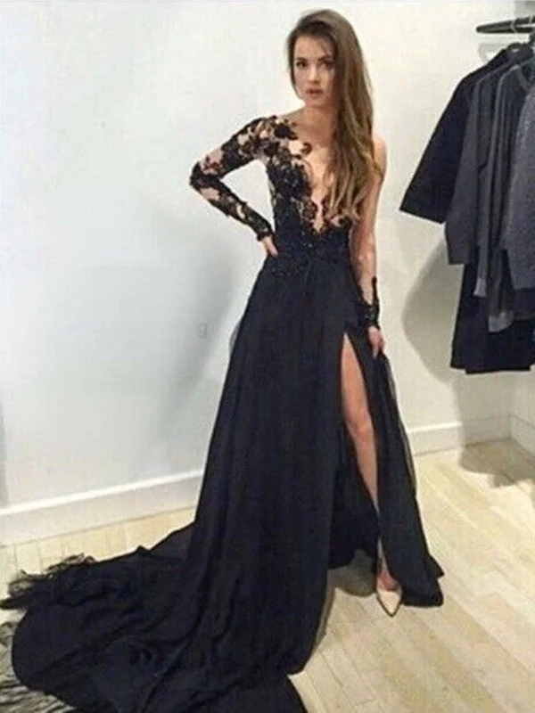 flowy dressflowy dressCustom Made Long Sleeves Black Lace Prom Dresses With Train, Black Lace Formal Dresses