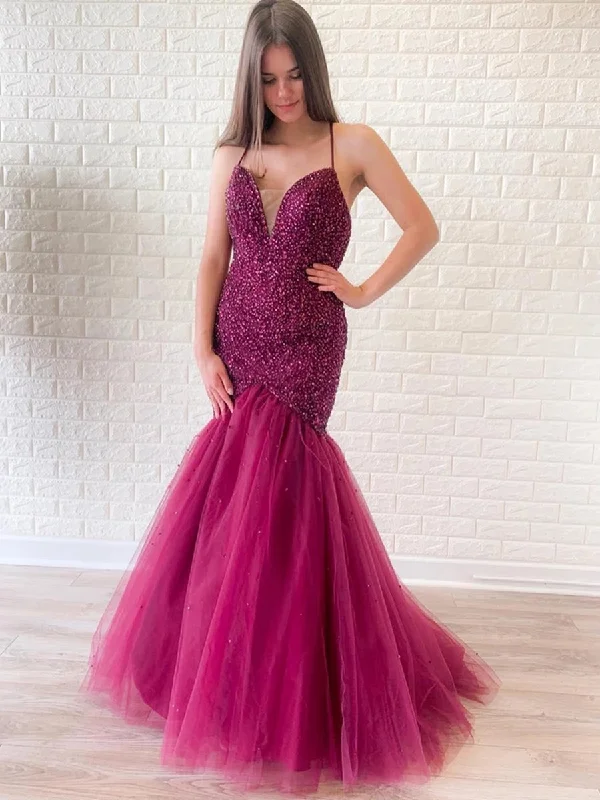 Steals and Deals Gorgeous Mermaid V Neck Backless Beaded Purple Prom Dresses, V Neck Mermaid Purple Formal Dresses, Mermaid Purple Evening Dresses
