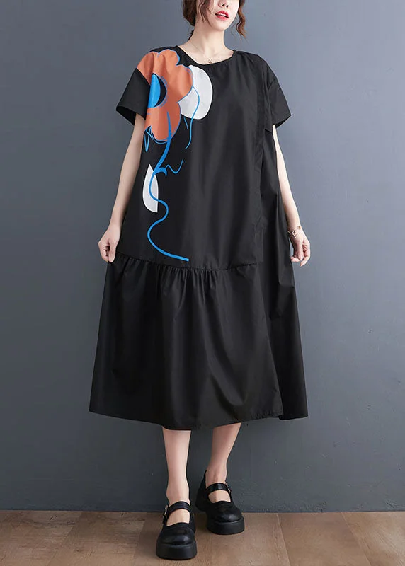 flowy dressflowy dressFrench Black O-Neck Patchwork Wrinkled Cotton Party Dress Summer