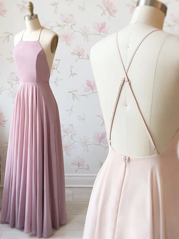 Daily Specials Simple Pink A Line Backless Long Prom Dresses, Pink Backless Formal Dresses, Pink Evening Dresses