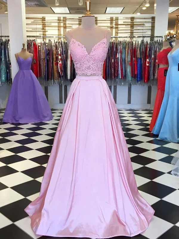 Lowest Prices A Line V Neck Two Pieces Lace Top Pink Satin Long Prom Dresses, Pink Two Pieces Lace Formal Graduation Evening Dresses