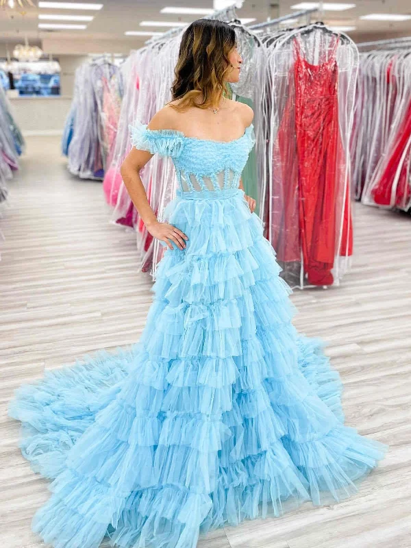 casual slip dresscasual slip dressOff the Shoulder Light Blue Ruffle Tulle Long Prom Dresses, Off Shoulder Light Blue Formal Dresses, Light Blue Evening Dresses SP2851