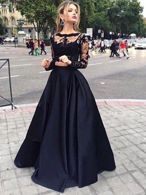 summer floral dresssummer floral dressRound Neck Long Sleeves 2 Pieces Black Lace Prom Dresses, Black Lace Formal Dresses