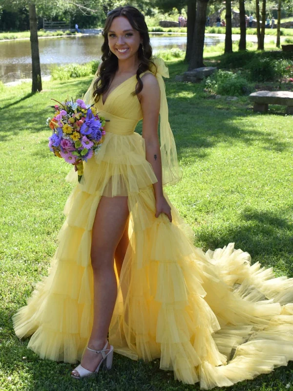 silk dresssilk dressSexy A Line V Neck Yellow Long Prom Dresses with High Slit, Long Yellow Formal Graduation Evening Dresses with Train SP3071