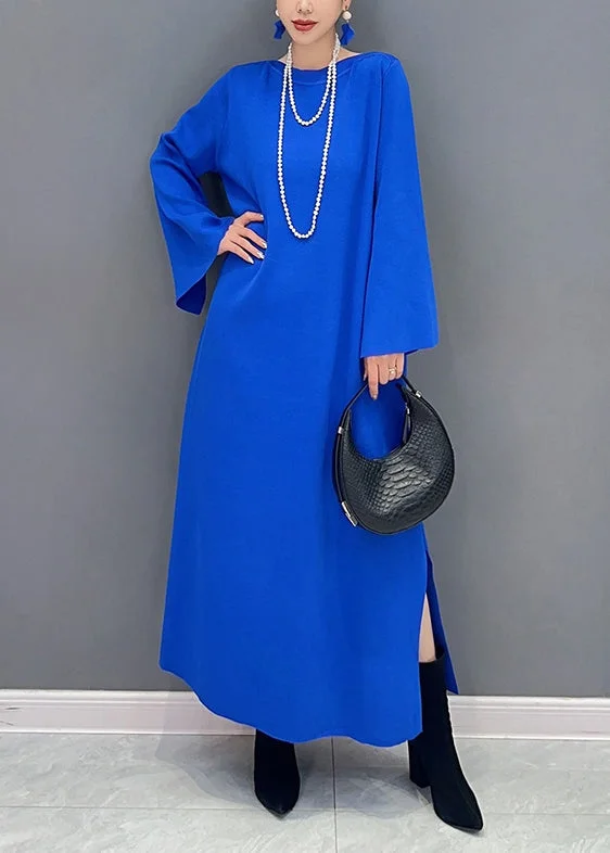 Early Bird Discount Women Royal Blue O Neck Side Open Cotton Long Dresses Flare Sleeve