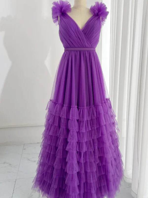 elegant evening dresselegant evening dressA Line V Neck Purple Tulle Long Prom Dresses, V Neck Purple Formal Dresses, Long Purple Evening Dresses SP2855