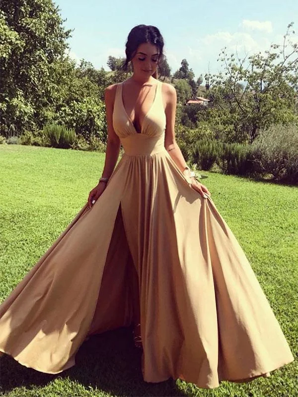 Act Now Simple A Line V Neck Champagne Long Prom Dresses Bridesmaid Dresses with Slit, V Neck Champagne Formal Dresses, Champagne Evening Dresses Act Now Simple A Line V Neck Champagne Long Prom Dresses Bridesmaid Dresses with Slit, V Neck Champagne Formal Dresses, Champagne Evening Dresses
