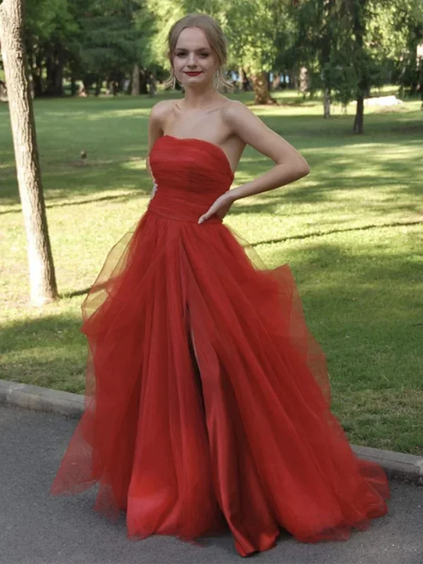 ruffle dressruffle dressStrapless Red Tulle Long Prom Dresses with High Slit, Strapless Red Formal Graduation Evening Dresses SP2578