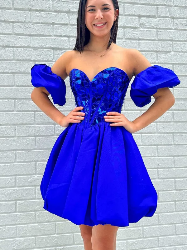 mini dressmini dressStrapless Mirror Sequins Royal Blue Short Prom Dresses, Royal Blue Mirror Sequins Homecoming Dresses, Royal Blue Formal Graduation Evening Dresses SP2784