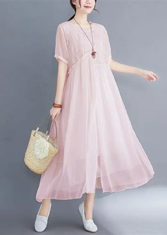 Price Rollback DIY Pink Embroideried Exra Large Hem Cotton Long Dress Summer