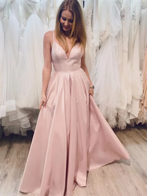 Quick Sale Simple V Neck Pink Satin Long Prom Dresses, V Neck Pink Formal Graduation Evening Dresses, Pink Party Dresses