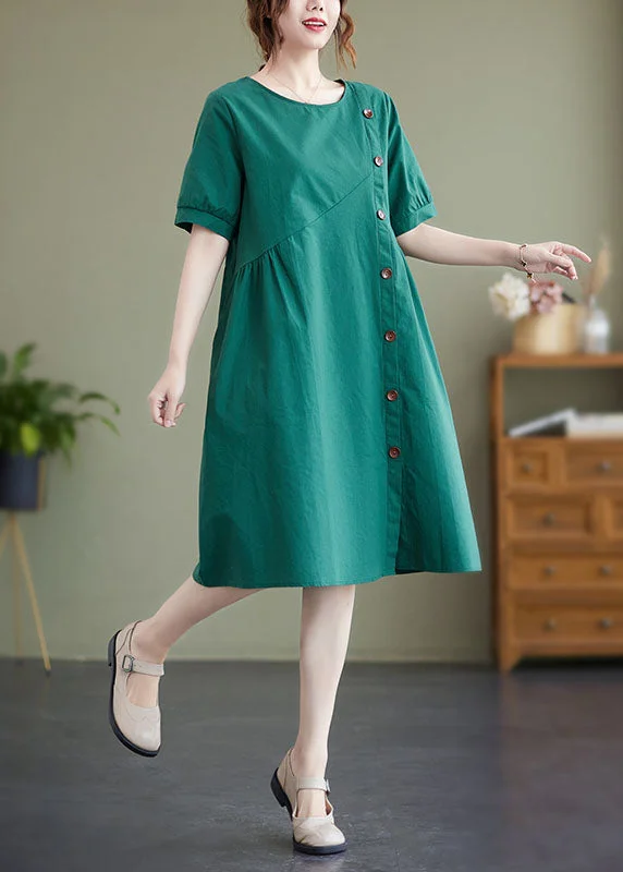 Clearance Event Elegant Green Patchwork Wrinkled Button Cotton Vacation Dresses Summer