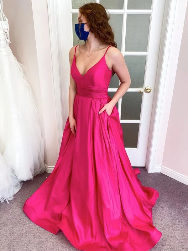 Limited Time A Line V Neck Hot Pink Satin Long Prom Dresses with Pocket, V Neck Hot Pink Formal Evening Dresses Limited Time A Line V Neck Hot Pink Satin Long Prom Dresses with Pocket, V Neck Hot Pink Formal Evening Dresses