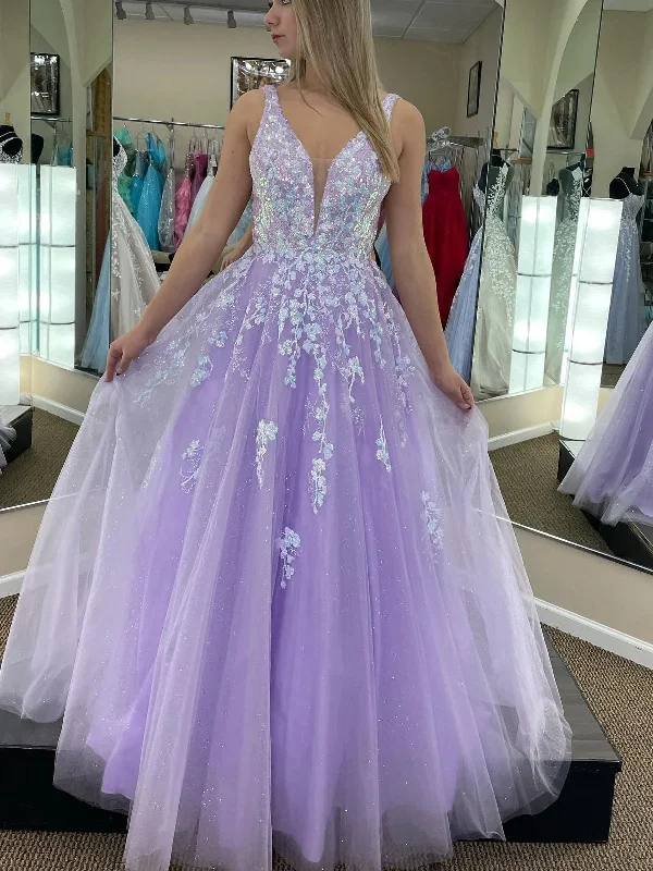 boho dressboho dressV Neck Open Back Purple Tulle Long Prom Dresses with Lace Appliques, Purple Lace Floral Long Formal Dresses, Purple Evening Dresses SP2598