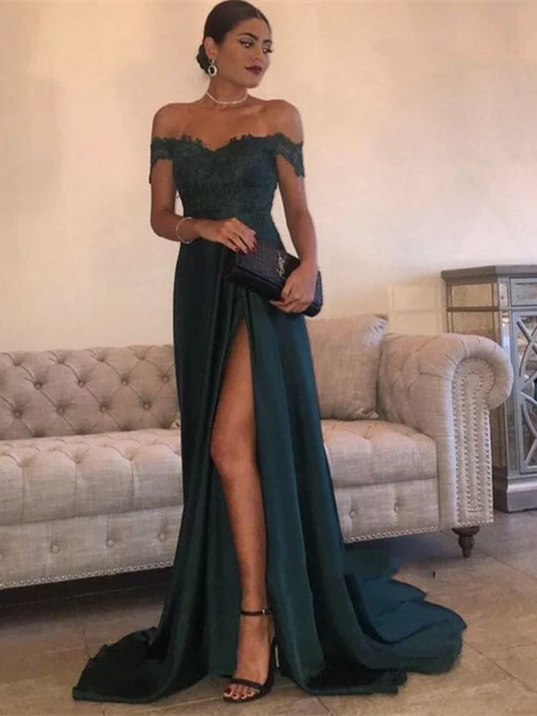 puff sleeve dresspuff sleeve dressSexy Dark Green A Line Off Shoulder Lace Prom Dresses With Train, Dark Green Lace Prom Gown