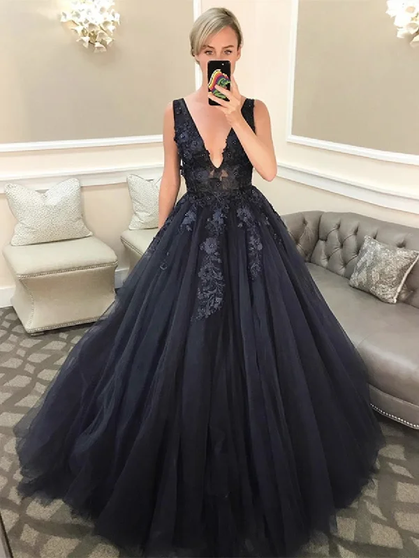 Holiday Sale V Neck Open Back Beaded Appliques Black Lace Long Prom Dresses, V Neck Black Formal Evening Dresses, Black Ball Gown