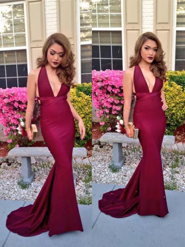 draped dressdraped dressMermaid V Neck Backless Maroon Prom Dress, Burgundy Formal Dress, Evening Dress