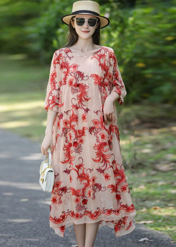 Super Bargain French Apricot Embroideried Oversized Silk Holiday Dress Summer