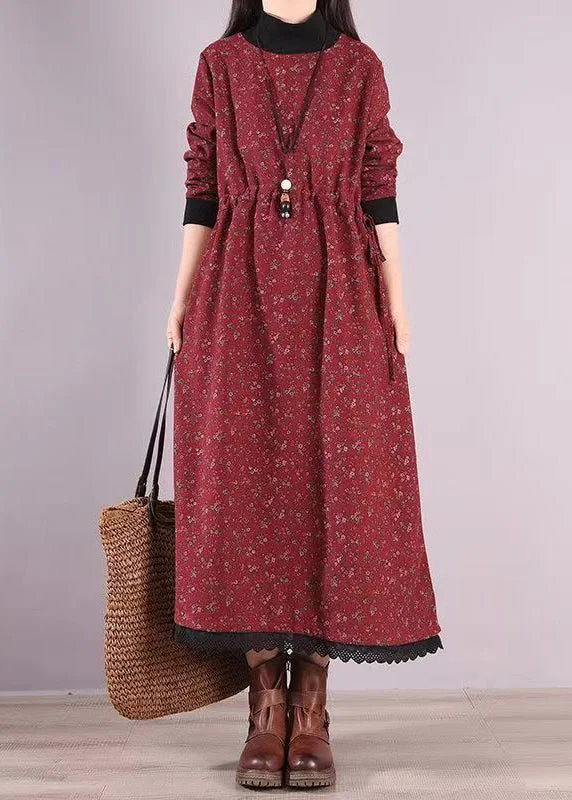 Daily Deals Casual Red Print Drawstring Patchwork Warm Fleece Dresses Winter