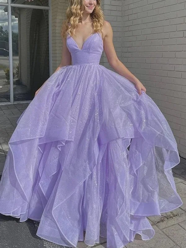 Online Only Shiny V Neck Purple Long Prom Dresses, Fluffy Purple Formal Evening Dresses, Sparkly Ball Gown Online Only Shiny V Neck Purple Long Prom Dresses, Fluffy Purple Formal Evening Dresses, Sparkly Ball Gown
