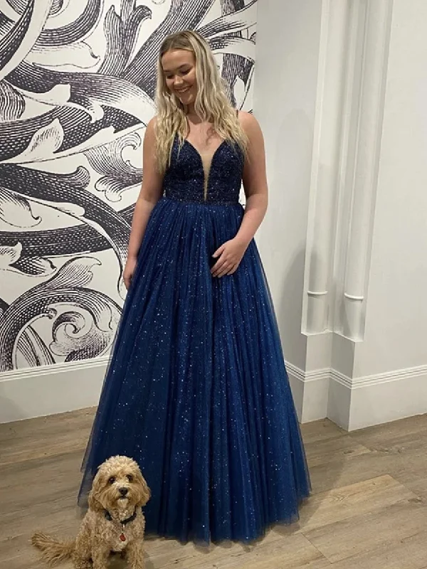 Savings Galore Shiny V Neck Backless Navy Blue Long Prom Dresses, Navy Blue Formal Dresses, Evening Dresses Savings Galore Shiny V Neck Backless Navy Blue Long Prom Dresses, Navy Blue Formal Dresses, Evening Dresses