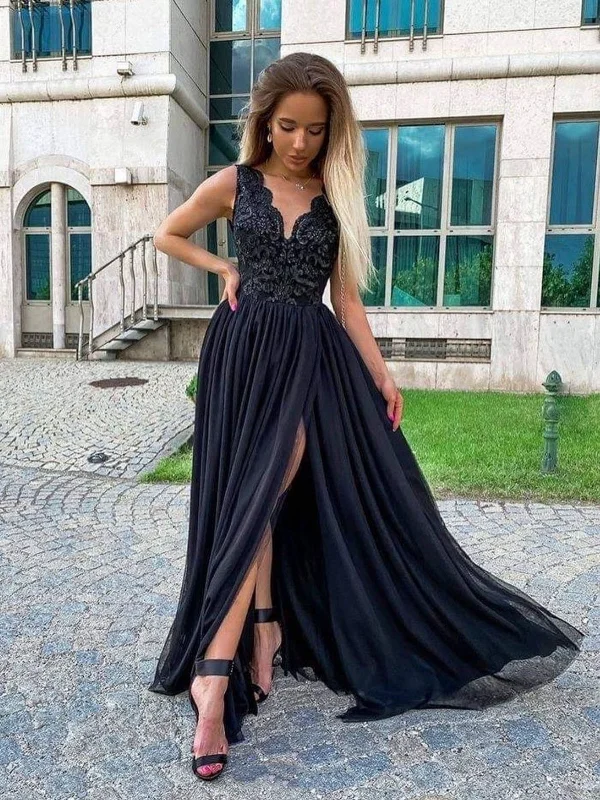 wrap dresswrap dressV Neck Black Lace Long Prom Dresses with High Slit, Black Lace Formal Graduation Evening Dresses SP2385