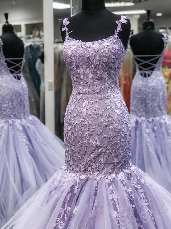 Deal Explosion Gorgeous Mermaid Backless Purple Lace Prom Dresses, Mermaid Lace Purple Formal Dresses, Purple Lace Evening Dresses