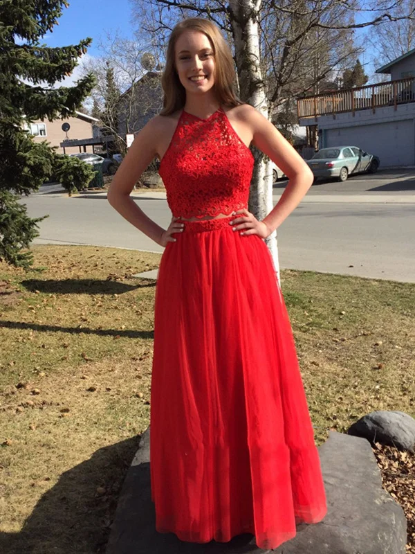 Can't Miss Round Neck Two Pieces Lace Red Prom Dresses, Red Lace Formal Dresses, Red Evening Dresses